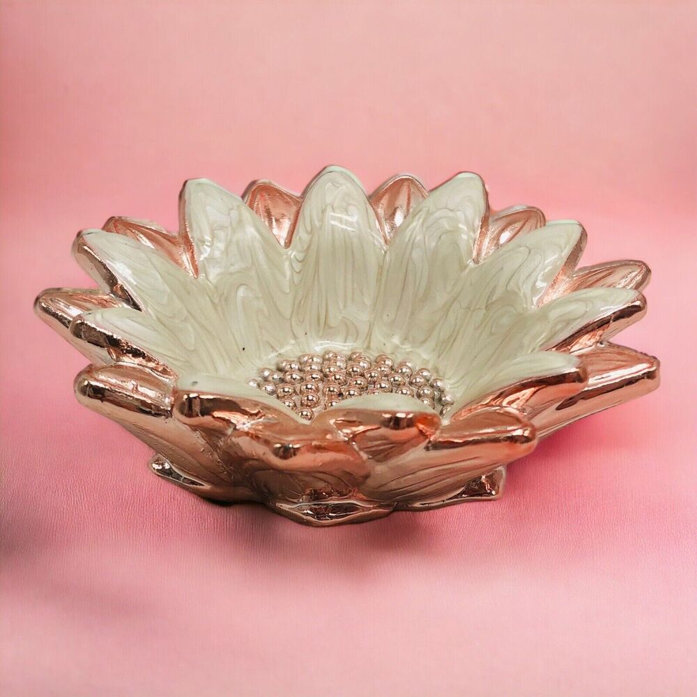 Cynthia Rowley Rose Gold Enamel Sunflower Trinket Dish Bowl Designer Gift Mother